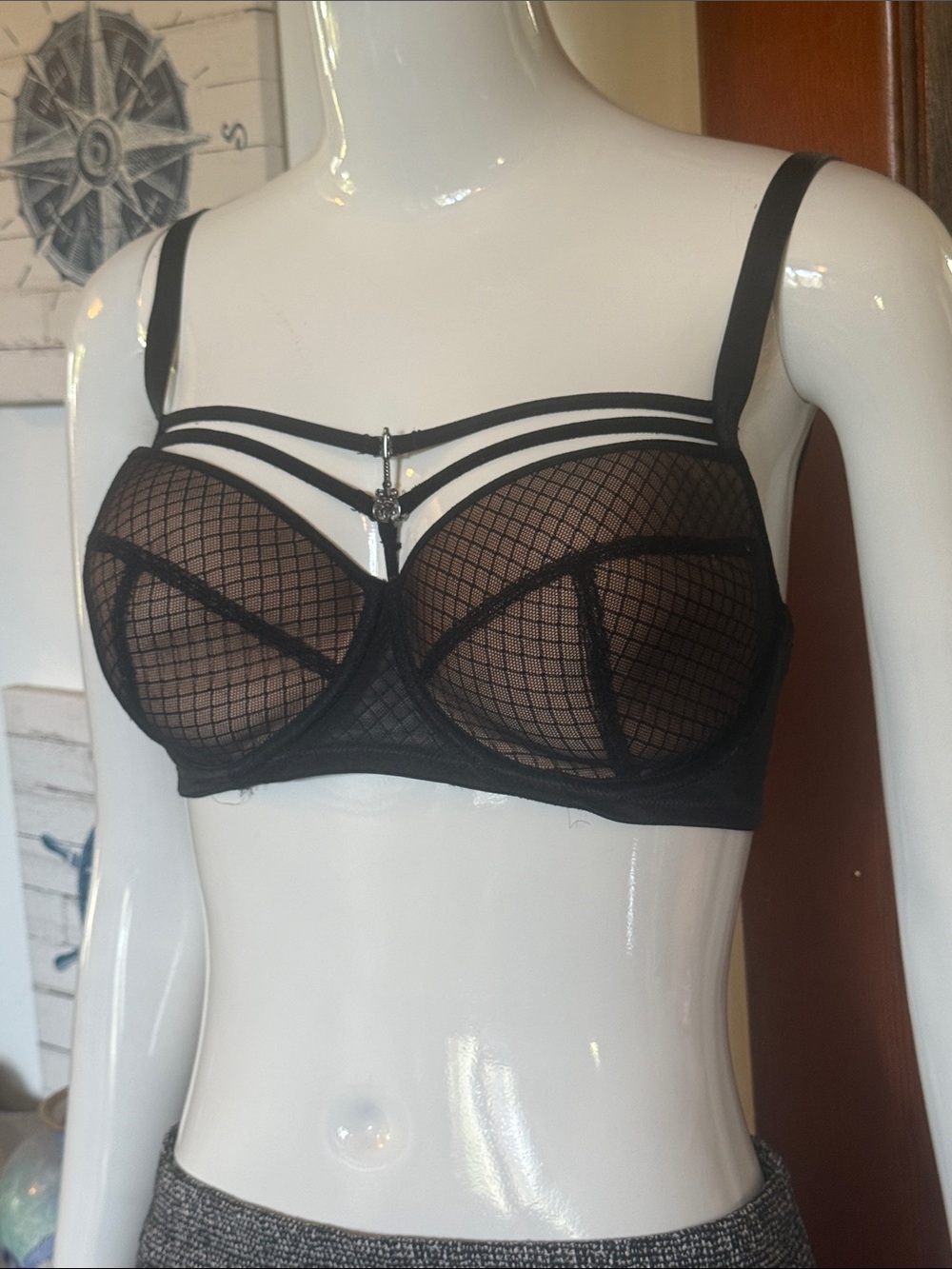 Marlies dekker size 30b Black Sheer Mesh Balconette Bra with Strappy key Detail